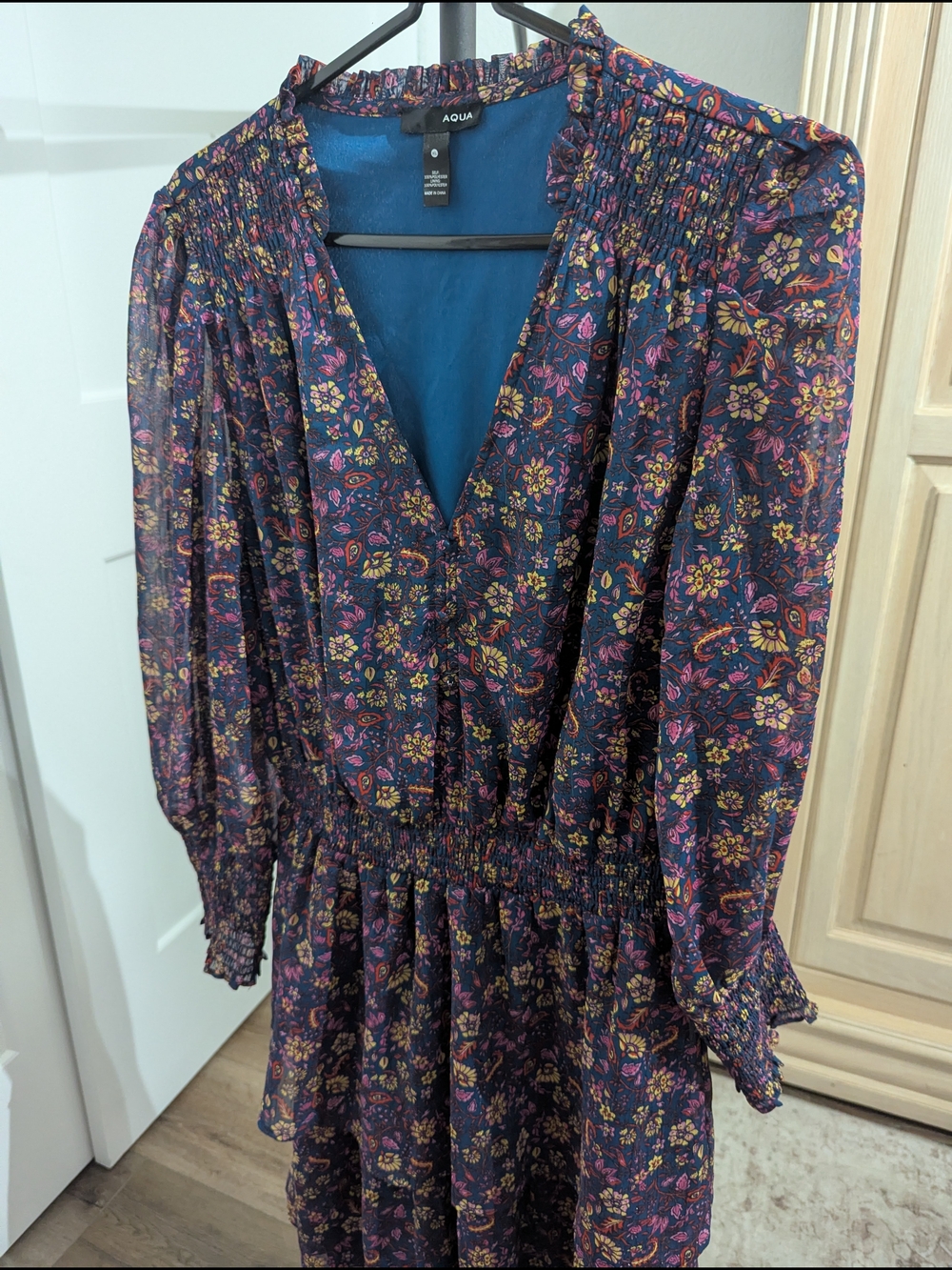 Aqua Navy Floral Long-Sleeve Smocked Waist Dress